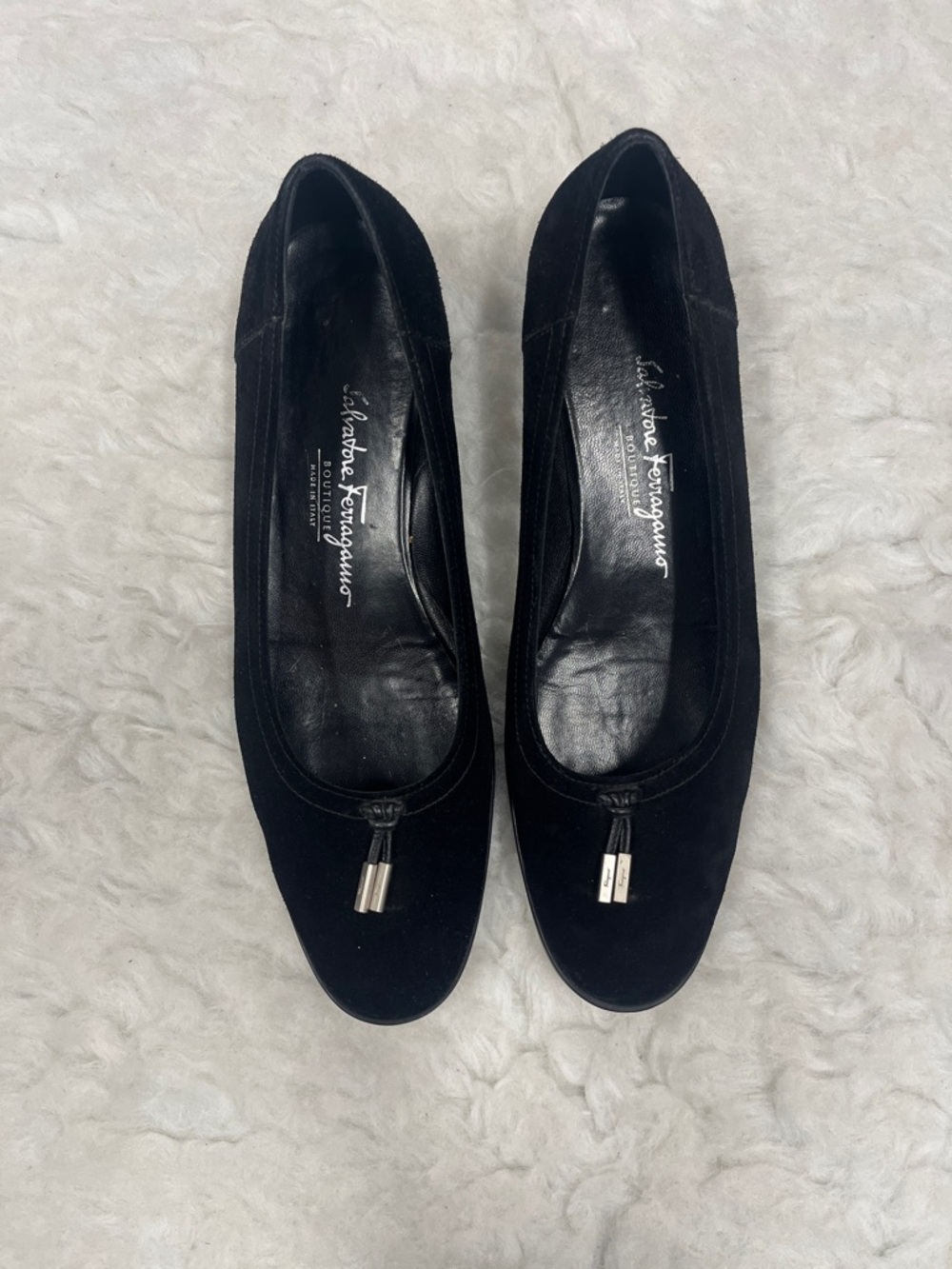 Salvatore Ferragamo Black Suede Tassel Ballet Flats